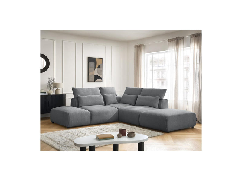 Jana - Modular Fixed Corner Sofa With Headrests - Heather Fabric With 2 Low Chairs, 1 Corner And 2 Poufs - Reversible