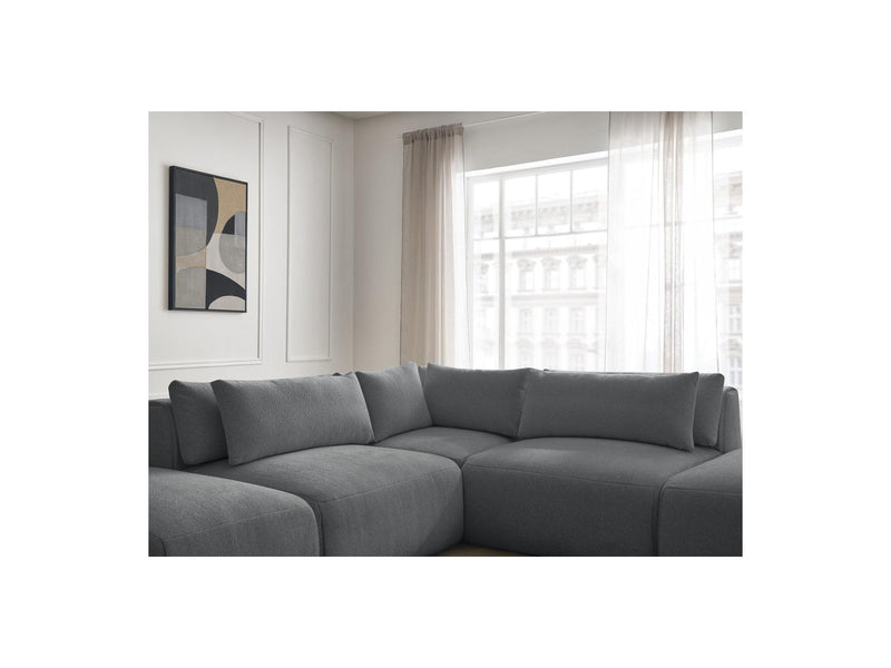 Jana - Modular Fixed Corner Sofa With Headrests - Heather Fabric With 2 Low Chairs, 1 Corner And 2 Poufs - Reversible