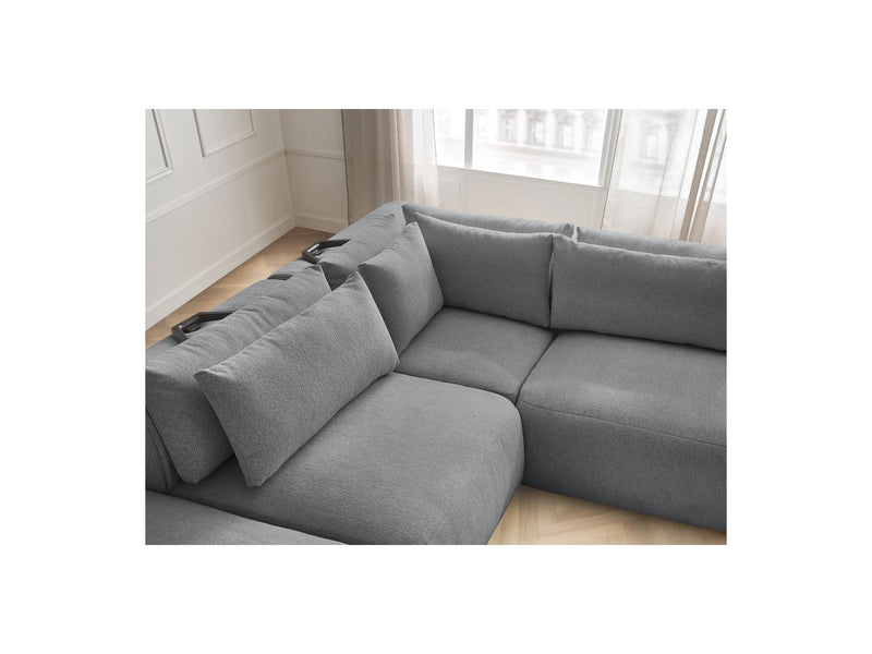 Jana - Modular Fixed Corner Sofa With Headrests - Heather Fabric With 2 Low Chairs, 1 Corner And 2 Poufs - Reversible