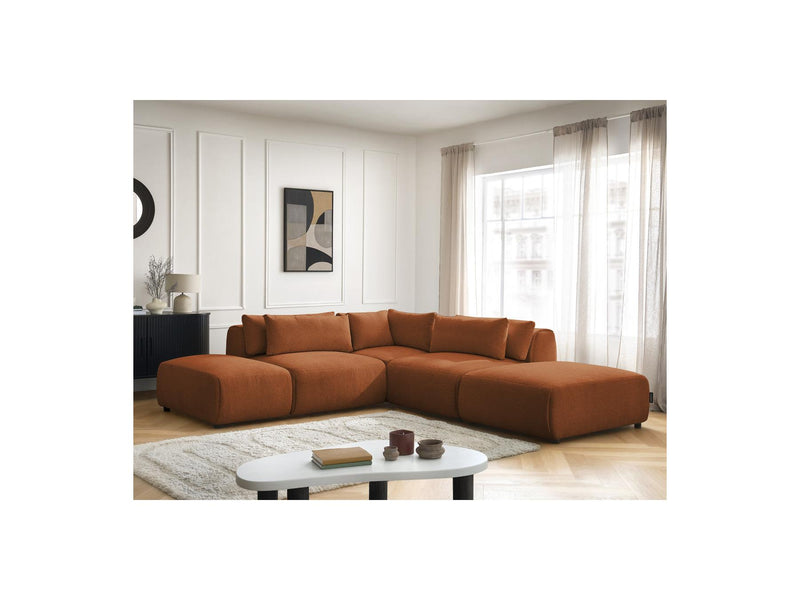 Jana - Modular Fixed Corner Sofa With Headrests - Heather Fabric With 2 Low Chairs, 1 Corner And 2 Poufs - Reversible