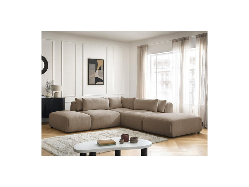Jana - Modular Fixed Corner Sofa With Headrests - Heather Fabric With 2 Low Chairs, 1 Corner And 2 Poufs - Reversible