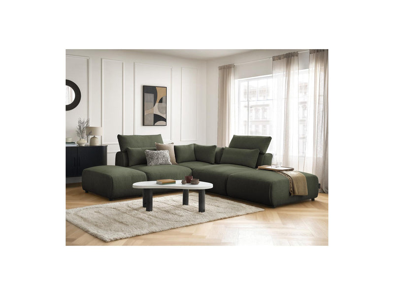 Jana - Modular Fixed Corner Sofa With Headrests - Heather Fabric With 2 Low Chairs, 1 Corner And 2 Poufs - Reversible