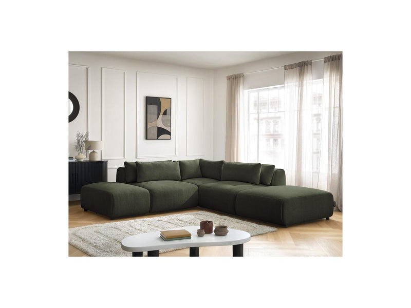 Jana - Modular Fixed Corner Sofa With Headrests - Heather Fabric With 2 Low Chairs, 1 Corner And 2 Poufs - Reversible