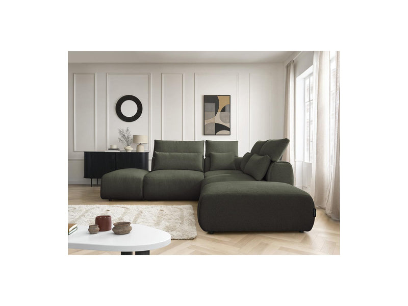 Jana - Modular Fixed Corner Sofa With Headrests - Heather Fabric With 2 Low Chairs, 1 Corner And 2 Poufs - Reversible