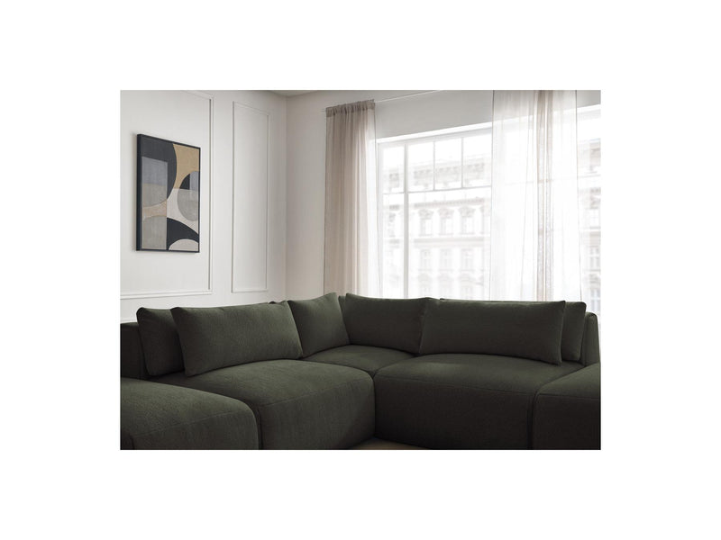 Jana - Modular Fixed Corner Sofa With Headrests - Heather Fabric With 2 Low Chairs, 1 Corner And 2 Poufs - Reversible