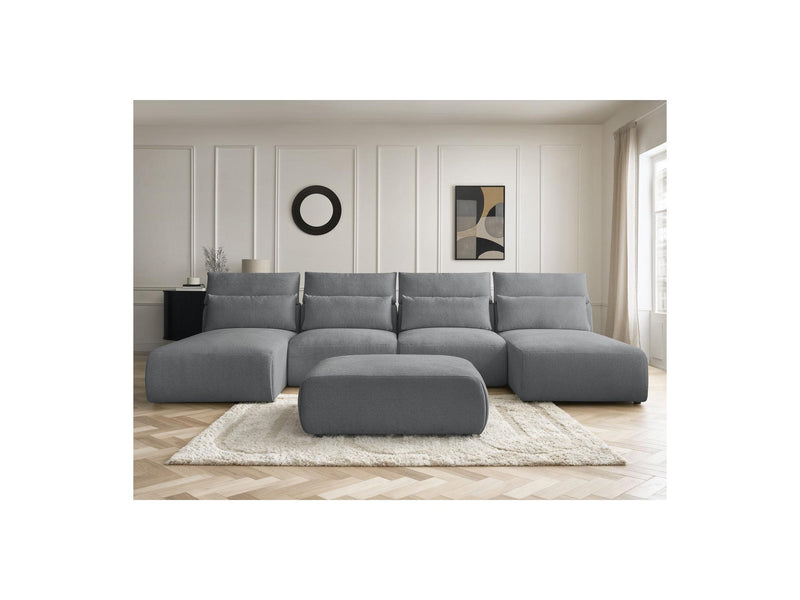 Jana - Panoramic Fixed Modular Sofa With Headrests - Heather Fabric With 2 Chaise Lounges, 2 Easy Chairs And 1 Large Pouf
