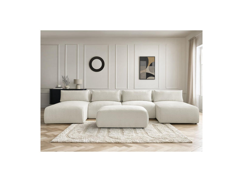 Jana - Canapé Panoramique Fixe Modulable Avec Têtières - Tissu Chiné Avec 2 Méridiennes, 2 Chauffeuses Et 1 Petit Pouf