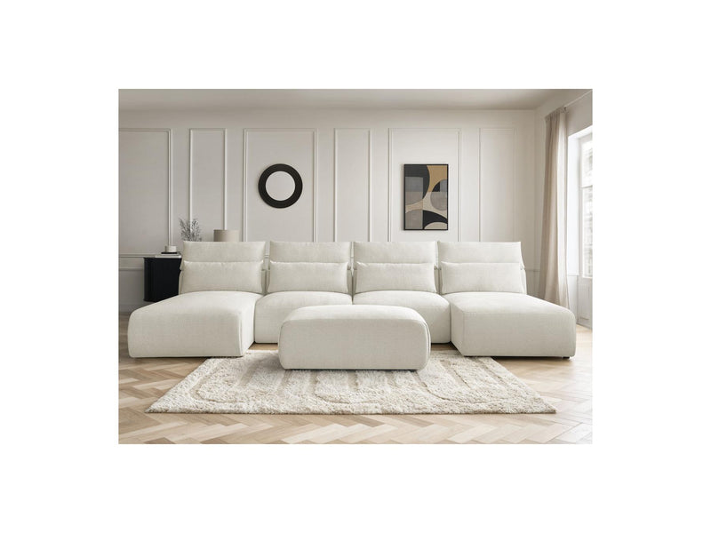 Jana - Canapé Panoramique Fixe Modulable Avec Têtières - Tissu Chiné Avec 2 Méridiennes, 2 Chauffeuses Et 1 Petit Pouf