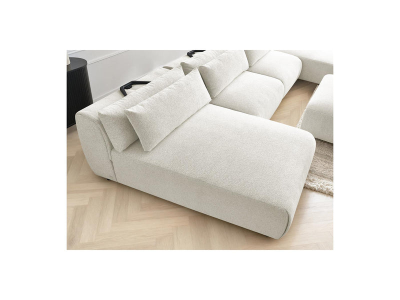 Jana - Canapé Panoramique Fixe Modulable Avec Têtières - Tissu Chiné Avec 2 Méridiennes, 2 Chauffeuses Et 1 Petit Pouf