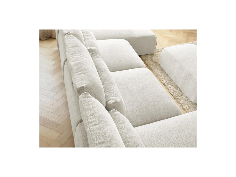 Jana - Canapé Panoramique Fixe Modulable Avec Têtières - Tissu Chiné Avec 2 Méridiennes, 2 Chauffeuses Et 1 Petit Pouf