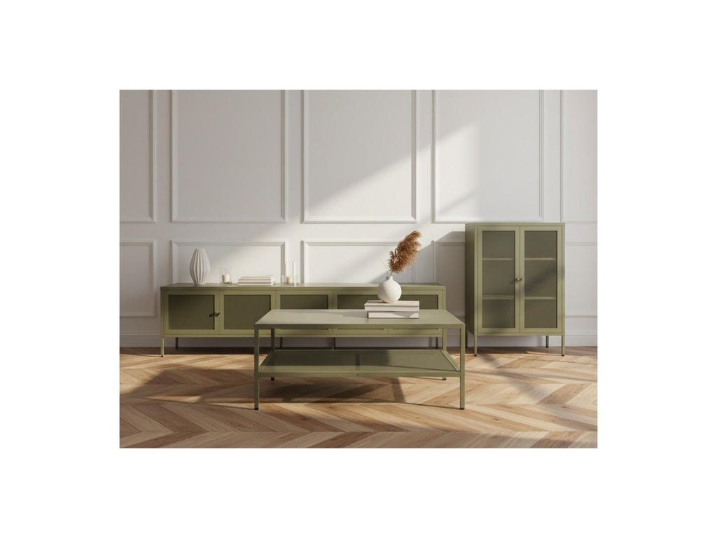 Clara - Mueble de TV de metal con 4 puertas, 160 cm + Aparador alto de metal con 2 puertas, 70 cm + Mesa de centro de metal, 100 cm Edición limitada