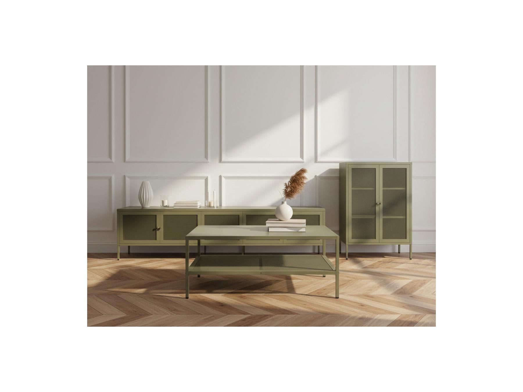 Clara - Mueble de TV de metal con 4 puertas, 160 cm + Aparador alto de metal con 2 puertas, 70 cm + Mesa de centro de metal, 100 cm Edición limitada