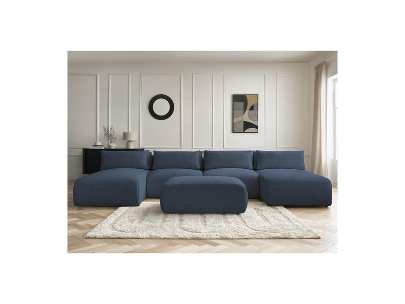 Jana - Canapé Panoramique Fixe Modulable Avec Têtières - Tissu Chiné Avec 2 Méridiennes, 2 Chauffeuses Et 1 Petit Pouf