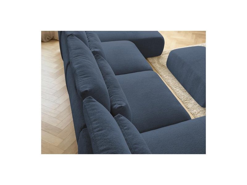 Jana - Canapé Panoramique Fixe Modulable Avec Têtières - Tissu Chiné Avec 2 Méridiennes, 2 Chauffeuses Et 1 Petit Pouf