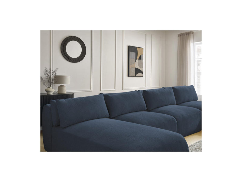 Jana - Canapé Panoramique Fixe Modulable Avec Têtières - Tissu Chiné Avec 2 Méridiennes, 2 Chauffeuses Et 1 Petit Pouf