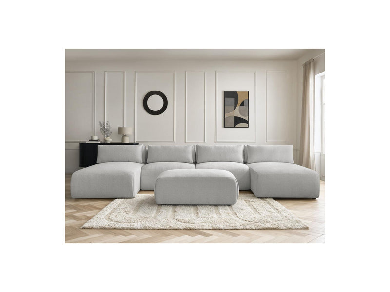 Jana - Canapé Panoramique Fixe Modulable Avec Têtières - Tissu Chiné Avec 2 Méridiennes, 2 Chauffeuses Et 1 Petit Pouf