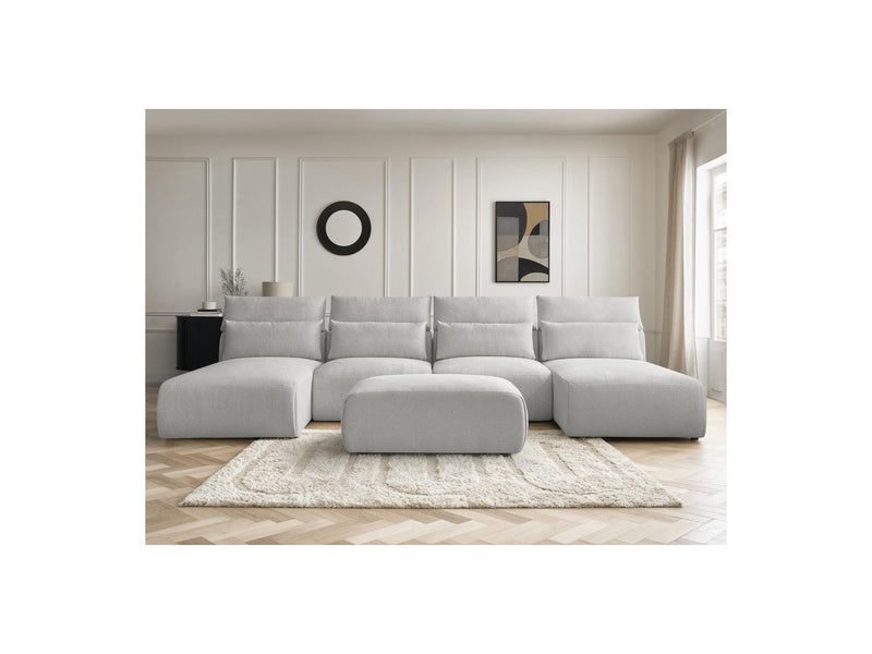 Jana - Canapé Panoramique Fixe Modulable Avec Têtières - Tissu Chiné Avec 2 Méridiennes, 2 Chauffeuses Et 1 Petit Pouf