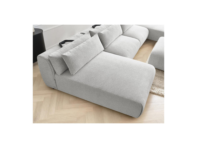 Jana - Canapé Panoramique Fixe Modulable Avec Têtières - Tissu Chiné Avec 2 Méridiennes, 2 Chauffeuses Et 1 Petit Pouf