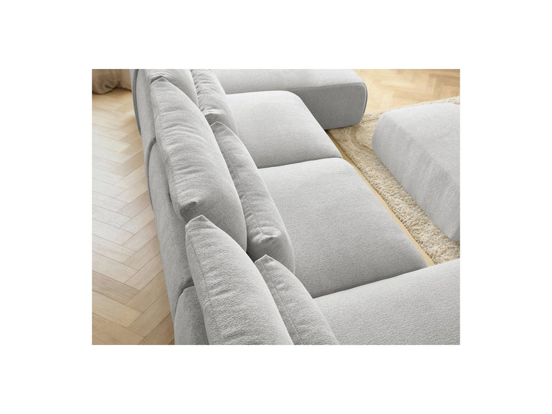 Jana - Canapé Panoramique Fixe Modulable Avec Têtières - Tissu Chiné Avec 2 Méridiennes, 2 Chauffeuses Et 1 Petit Pouf