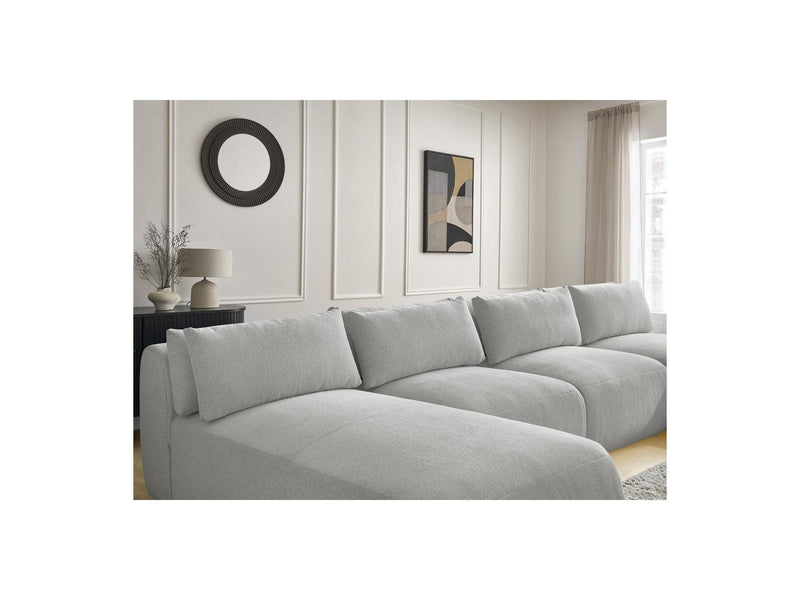 Jana - Canapé Panoramique Fixe Modulable Avec Têtières - Tissu Chiné Avec 2 Méridiennes, 2 Chauffeuses Et 1 Petit Pouf