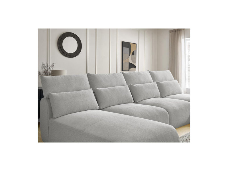 Jana - Canapé Panoramique Fixe Modulable Avec Têtières - Tissu Chiné Avec 2 Méridiennes, 2 Chauffeuses Et 1 Petit Pouf