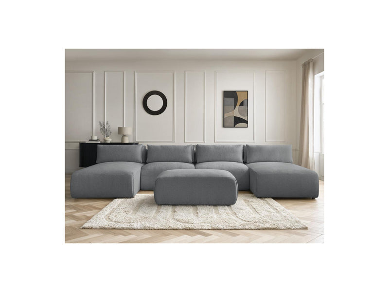 Jana - Canapé Panoramique Fixe Modulable Avec Têtières - Tissu Chiné Avec 2 Méridiennes, 2 Chauffeuses Et 1 Petit Pouf