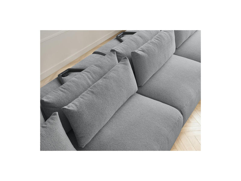 Jana - Canapé Panoramique Fixe Modulable Avec Têtières - Tissu Chiné Avec 2 Méridiennes, 2 Chauffeuses Et 1 Petit Pouf