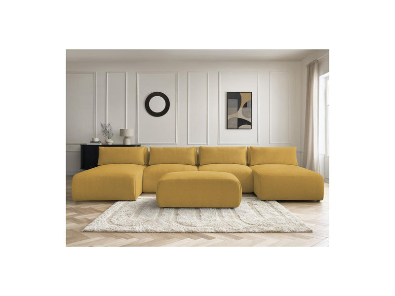 Jana - Canapé Panoramique Fixe Modulable Avec Têtières - Tissu Chiné Avec 2 Méridiennes, 2 Chauffeuses Et 1 Petit Pouf