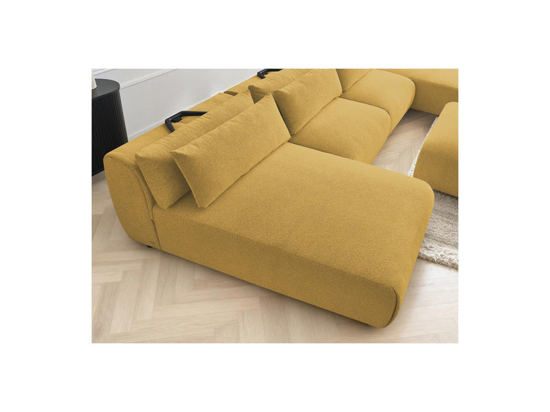 Jana - Canapé Panoramique Fixe Modulable Avec Têtières - Tissu Chiné Avec 2 Méridiennes, 2 Chauffeuses Et 1 Petit Pouf