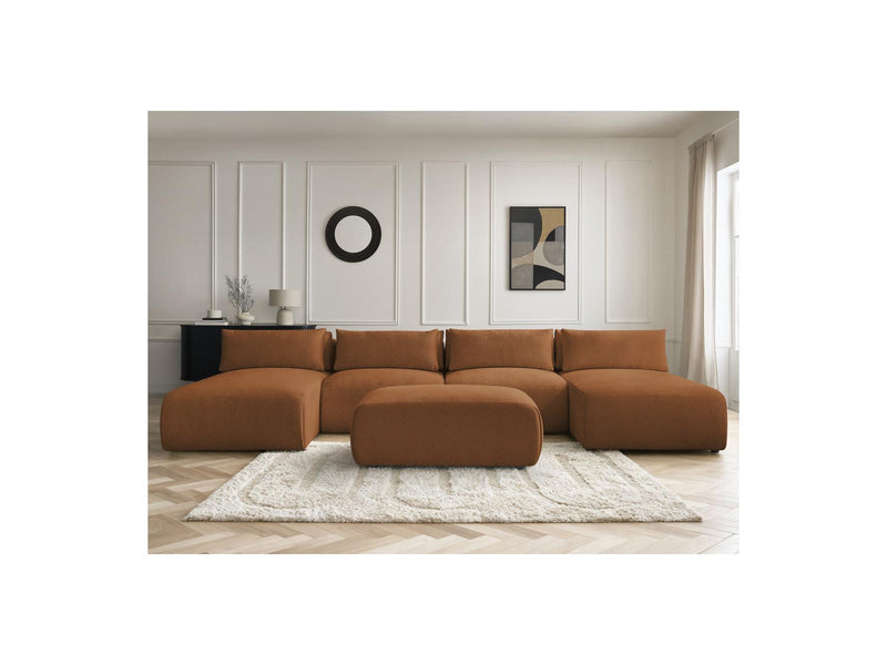 Jana - Canapé Panoramique Fixe Modulable Avec Têtières - Tissu Chiné Avec 2 Méridiennes, 2 Chauffeuses Et 1 Petit Pouf
