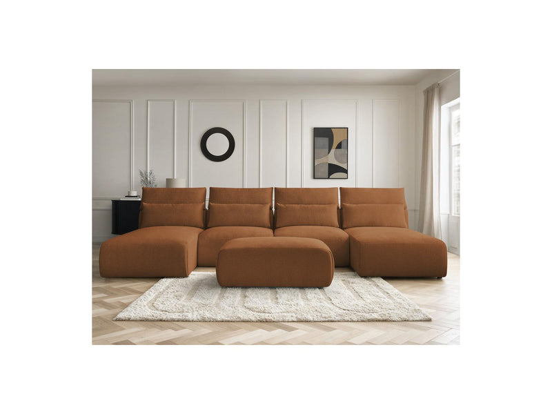 Jana - Canapé Panoramique Fixe Modulable Avec Têtières - Tissu Chiné Avec 2 Méridiennes, 2 Chauffeuses Et 1 Petit Pouf