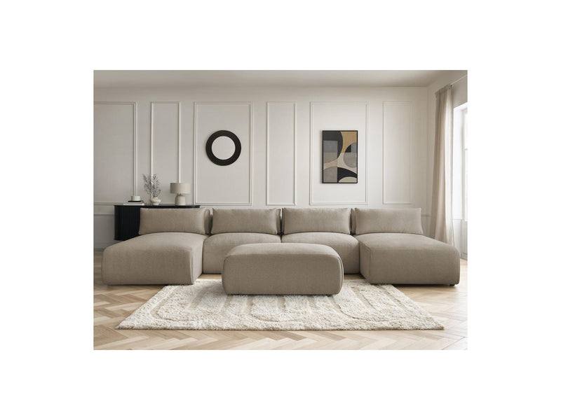 Jana - Canapé Panoramique Fixe Modulable Avec Têtières - Tissu Chiné Avec 2 Méridiennes, 2 Chauffeuses Et 1 Petit Pouf