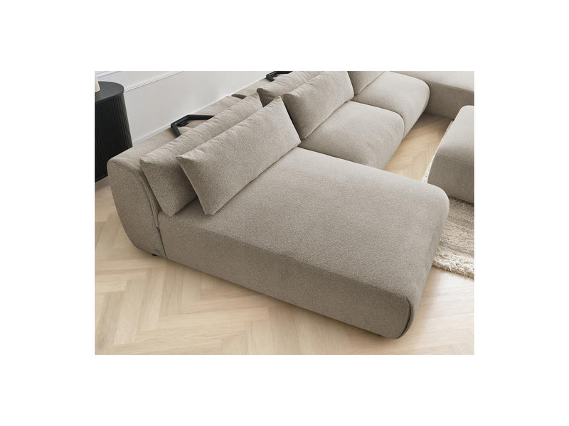 Jana - Canapé Panoramique Fixe Modulable Avec Têtières - Tissu Chiné Avec 2 Méridiennes, 2 Chauffeuses Et 1 Petit Pouf