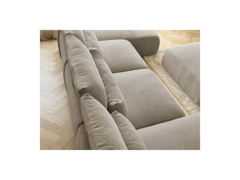 Jana - Canapé Panoramique Fixe Modulable Avec Têtières - Tissu Chiné Avec 2 Méridiennes, 2 Chauffeuses Et 1 Petit Pouf