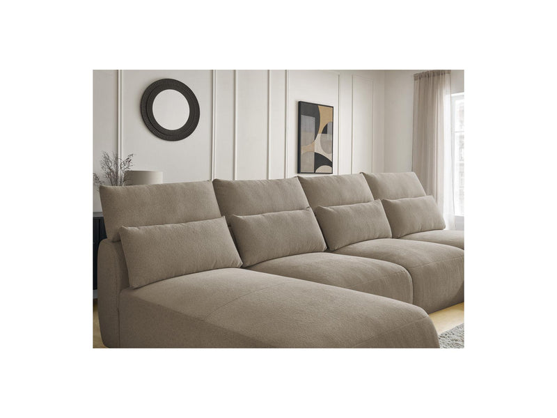 Jana - Canapé Panoramique Fixe Modulable Avec Têtières - Tissu Chiné Avec 2 Méridiennes, 2 Chauffeuses Et 1 Petit Pouf