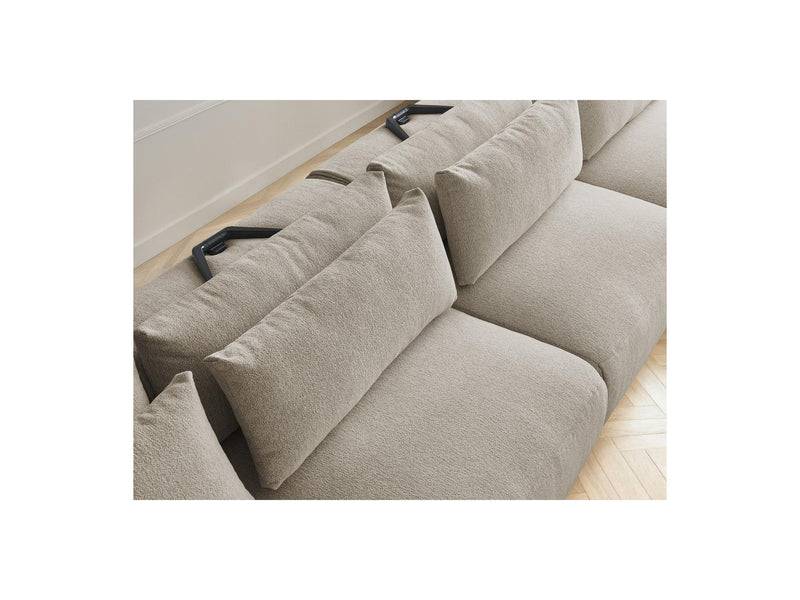 Jana - Canapé Panoramique Fixe Modulable Avec Têtières - Tissu Chiné Avec 2 Méridiennes, 2 Chauffeuses Et 1 Petit Pouf