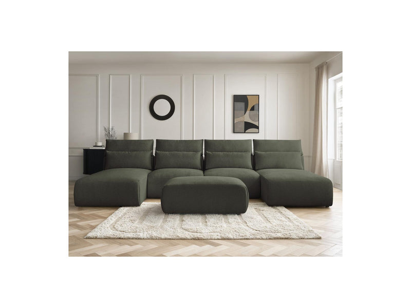 Jana - Canapé Panoramique Fixe Modulable Avec Têtières - Tissu Chiné Avec 2 Méridiennes, 2 Chauffeuses Et 1 Petit Pouf