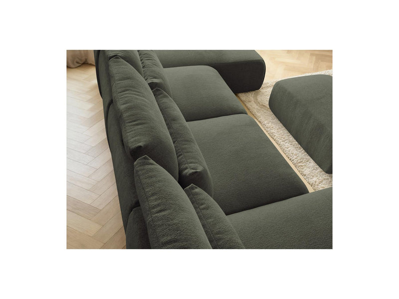 Jana - Canapé Panoramique Fixe Modulable Avec Têtières - Tissu Chiné Avec 2 Méridiennes, 2 Chauffeuses Et 1 Petit Pouf