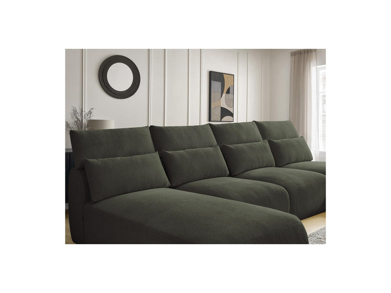 Jana - Canapé Panoramique Fixe Modulable Avec Têtières - Tissu Chiné Avec 2 Méridiennes, 2 Chauffeuses Et 1 Petit Pouf