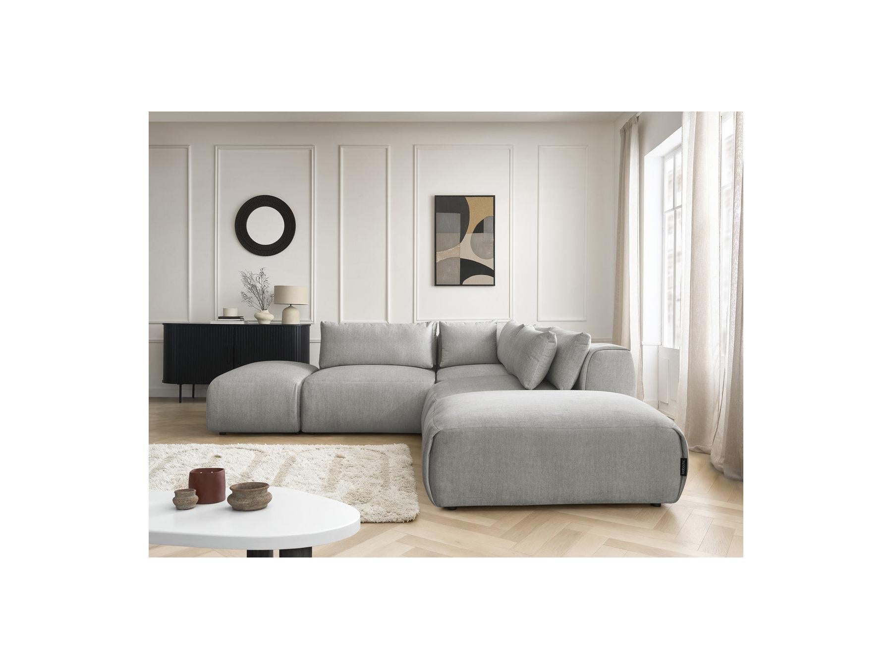 Jana - Canapé D'Angle Fixe Modulable Avec Têtières - Tissu Velours Avec 2 Chauffeuses, 1 Angle Et 2 Poufs - Réversible