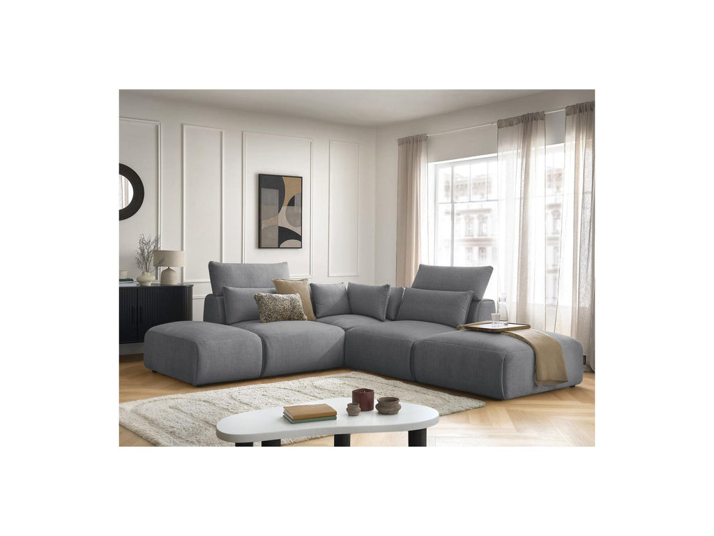Jana - Canapé D'Angle Fixe Modulable Avec Têtières - Tissu Velours Avec 2 Chauffeuses, 1 Angle Et 2 Poufs - Réversible