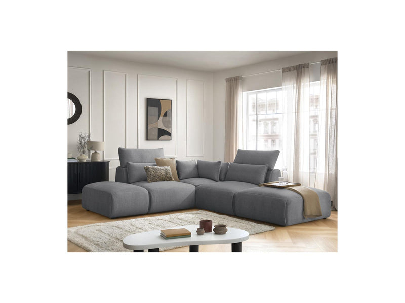 Jana - Modular Fixed Corner Sofa With Headrests - Velvet Fabric With 2 Low Chairs, 1 Corner And 2 Poufs - Reversible