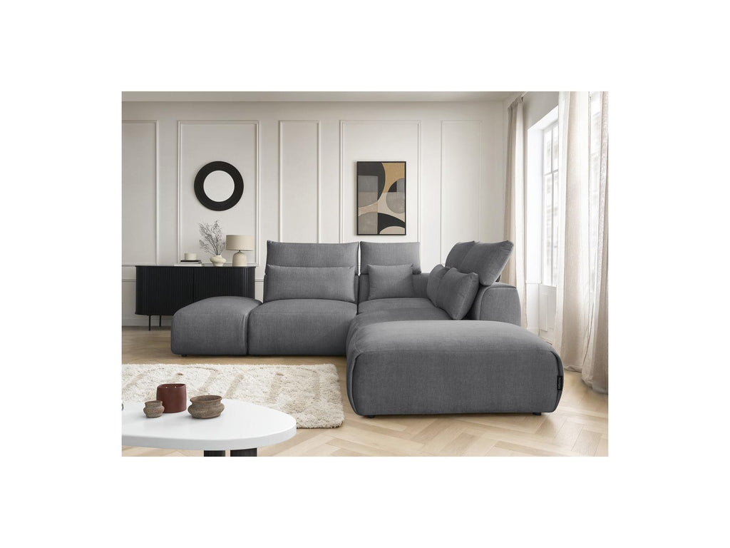 Jana - Canapé D'Angle Fixe Modulable Avec Têtières - Tissu Velours Avec 2 Chauffeuses, 1 Angle Et 2 Poufs - Réversible