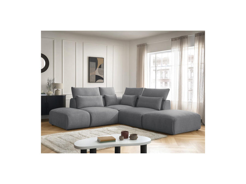 Jana - Modular Fixed Corner Sofa With Headrests - Velvet Fabric With 2 Low Chairs, 1 Corner And 2 Poufs - Reversible