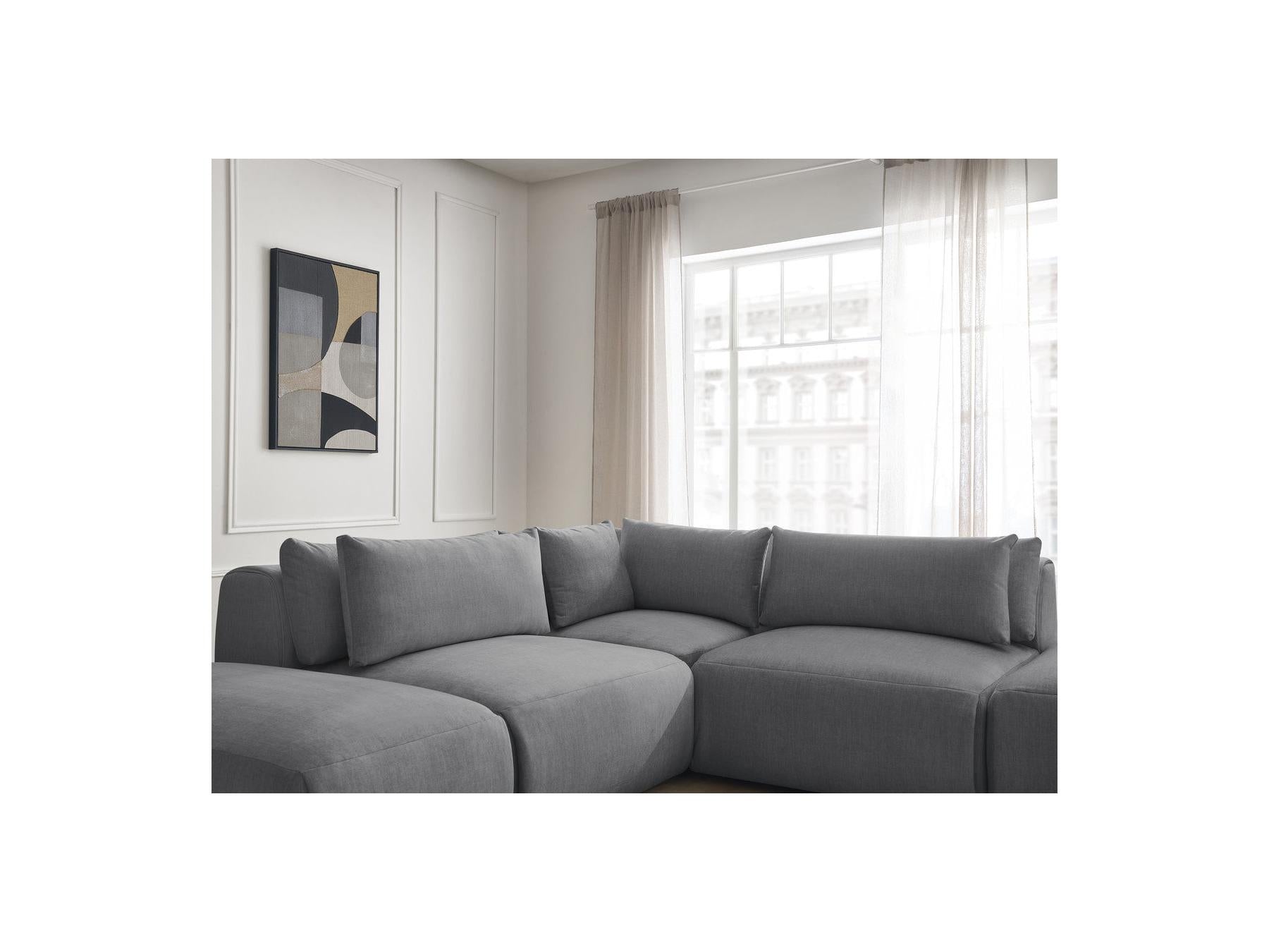 Jana - Canapé D'Angle Fixe Modulable Avec Têtières - Tissu Velours Avec 2 Chauffeuses, 1 Angle Et 2 Poufs - Réversible