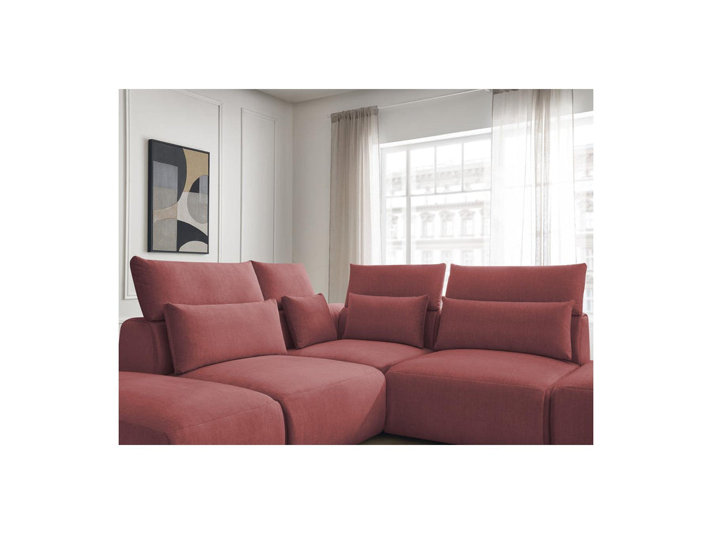 Jana - Canapé D'Angle Fixe Modulable Avec Têtières - Tissu Velours Avec 2 Chauffeuses, 1 Angle Et 2 Poufs - Réversible