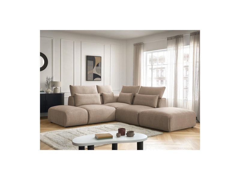 Jana - Modular Fixed Corner Sofa With Headrests - Velvet Fabric With 2 Low Chairs, 1 Corner And 2 Poufs - Reversible