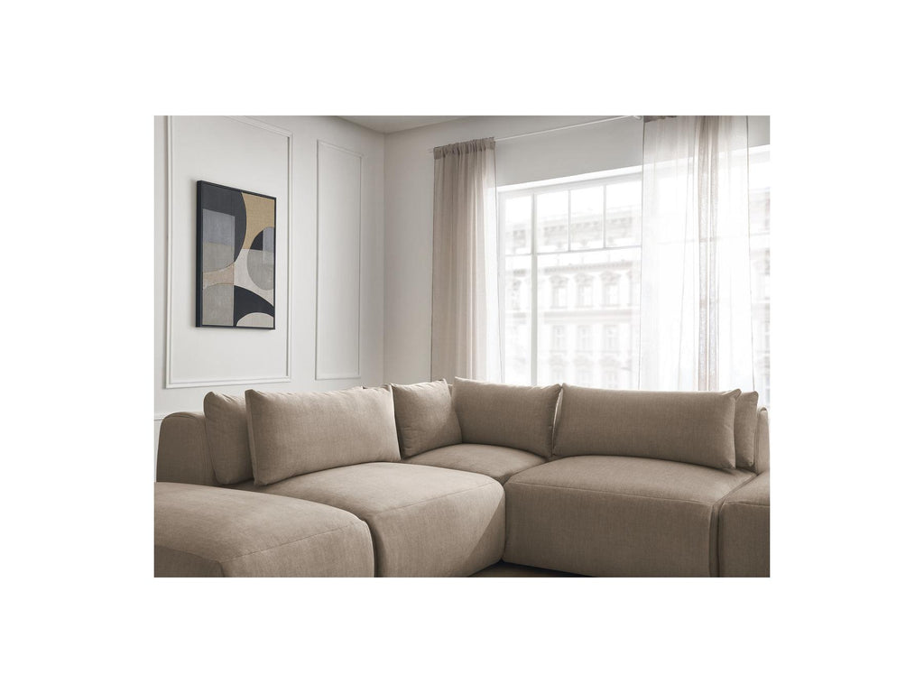 Jana - Canapé D'Angle Fixe Modulable Avec Têtières - Tissu Velours Avec 2 Chauffeuses, 1 Angle Et 2 Poufs - Réversible