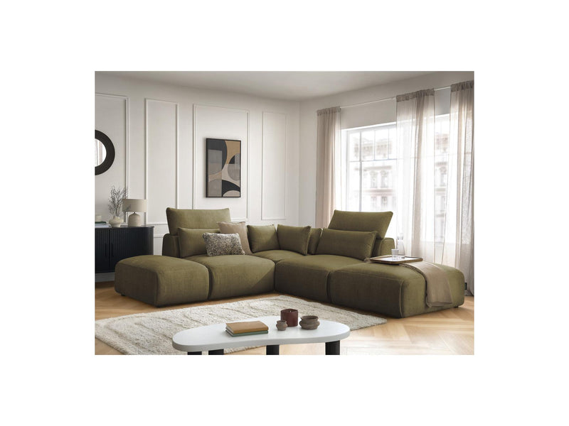 Jana - Modular Fixed Corner Sofa With Headrests - Velvet Fabric With 2 Low Chairs, 1 Corner And 2 Poufs - Reversible