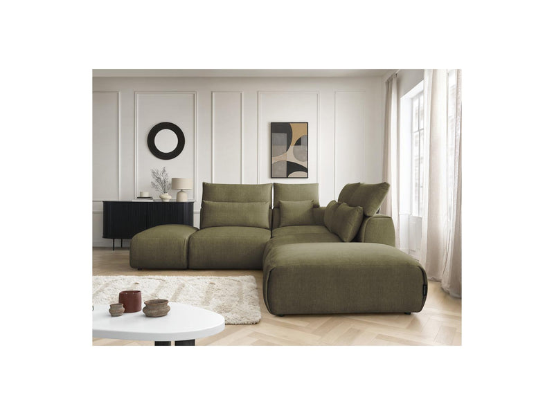 Jana - Modular Fixed Corner Sofa With Headrests - Velvet Fabric With 2 Low Chairs, 1 Corner And 2 Poufs - Reversible